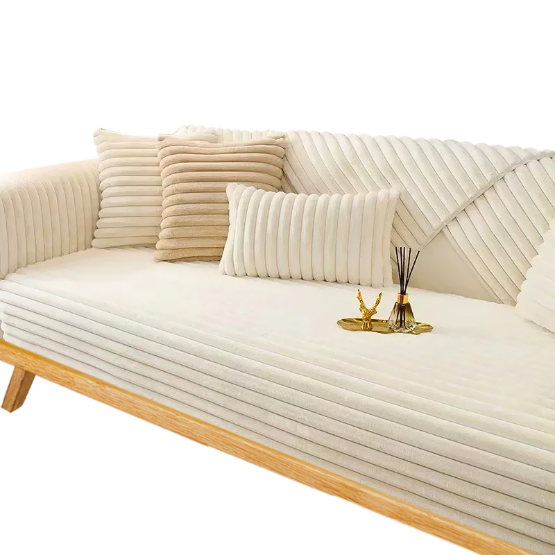 Sofa Towel Super Soft Linear Beige Rabbit Plush Quilted Couch Cover Slipcovers