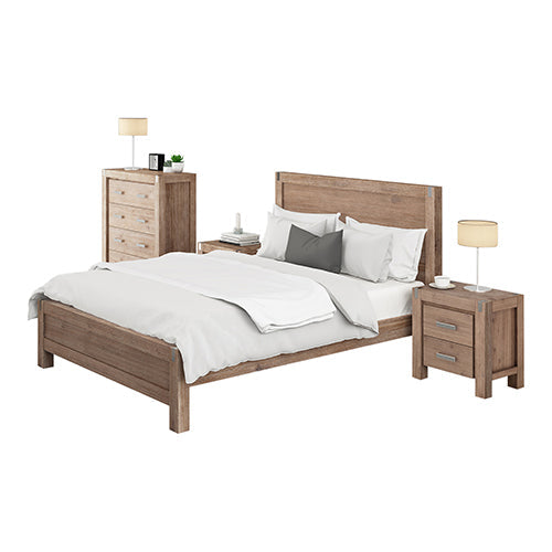 4 Pieces Bedroom Suite In Solid Wood Veneered Acacia Construction Timber Slat Queen Size Oak Colour Bedside Table & Tallboy Queen Bed Frames