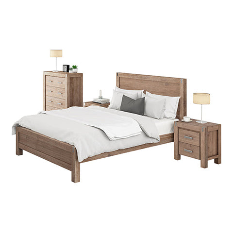 4 Pieces Bedroom Suite In Solid Wood Veneered Acacia Construction Timber Slat Queen Size Oak Colour Bedside Table & Tallboy Queen Bed Frames