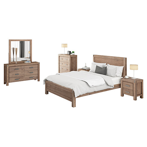 5 Pieces Bedroom Suite In Solid Wood Veneered Acacia Construction Timber Slat Queen Size Oak Colour Bedside Table Tallboy & Dresser Dressers & Chests