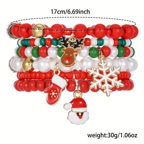 Christmas Bracelet Set With Reindeer Bells Tree Beads And Woven Polymer Clay. Bracelets
