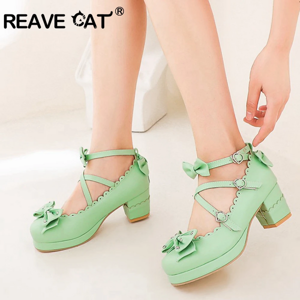 Reave Cat Women Mary Janes Pumps Cute Bowtie Princess Lolita Shoes Ladies Square High Heel Wedding Cosplay Big Size 48 Heels