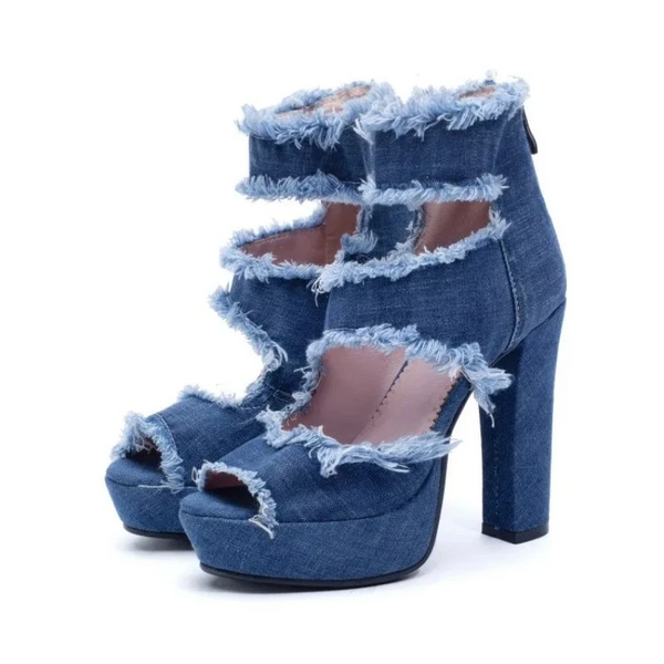Pxelena Peep Toe Denim Sandals Women Square Block High Rome Gladiator Ladies Shoes Retro Punk Rock Gothic Heels