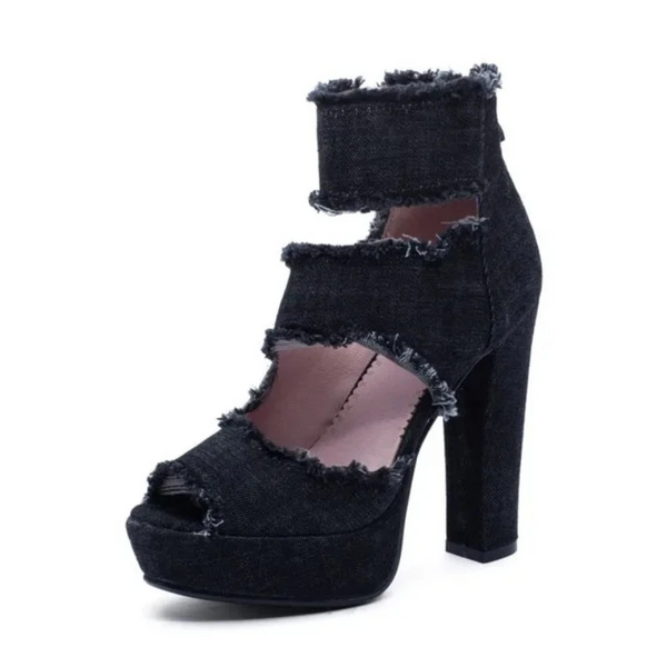 Pxelena Peep Toe Denim Sandals Women Square Block High Rome Gladiator Ladies Shoes Retro Punk Rock Gothic Heels