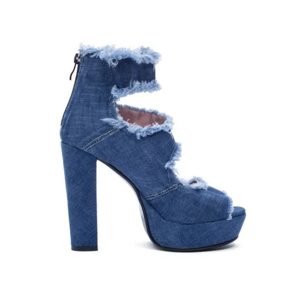Pxelena Peep Toe Denim Sandals Women Square Block High Rome Gladiator Ladies Shoes Retro Punk Rock Gothic Heels