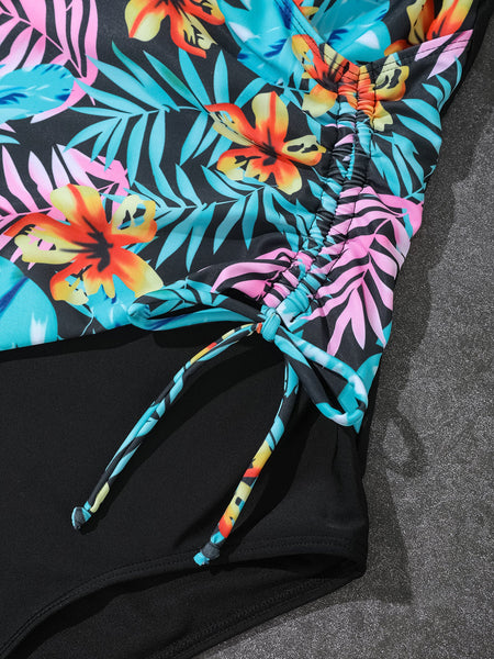 One Piece Printed Solid Color Drawstring Gathered Slimming  Bikini Women's Swimwear