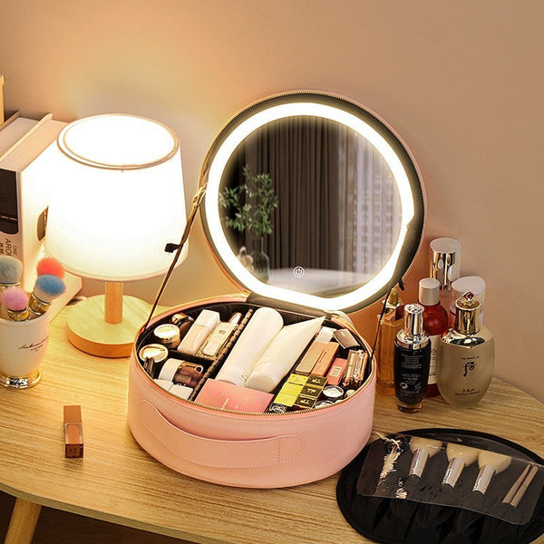 Round Smart Led Makeup Bag With Mirror Lights Large Capacity Pu Leather Cosmetic Case Makeup Bags & Cases