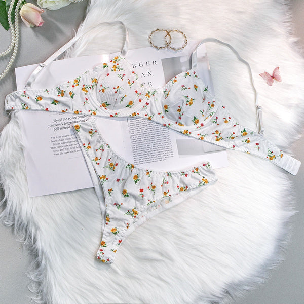 Lingerie Knit Set Floral Print With Steel Ring Two Piece Suit Rings