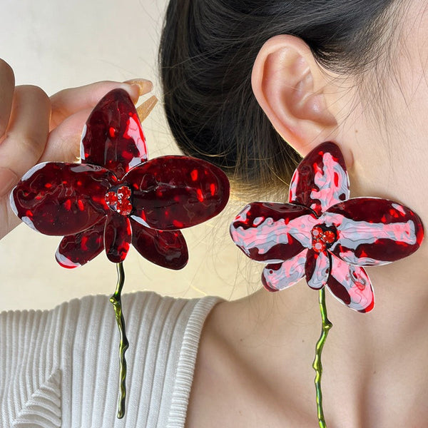 Veile Studios Enamel Drop Glaze Metal Large Flower For Artistic And Versatile Styling Earrings