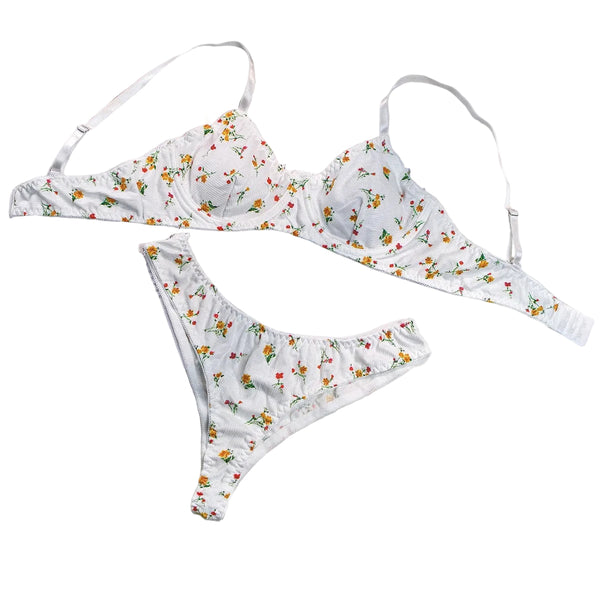 Lingerie Knit Set Floral Print With Steel Ring Two Piece Suit Rings