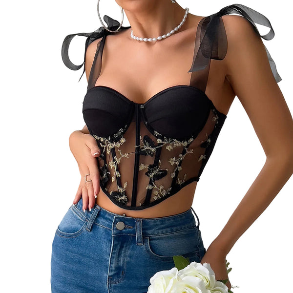 Cross Border Butterfly Embroidery Fitted Lace Up Spicy Girl  Crop Top Women Crop Tees