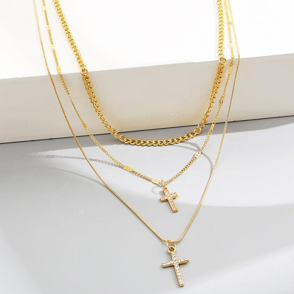 Veile Studios Full Diamond Cross Pendant Chain Necklace With Multiple Layered Accessories Necklaces & Pendants