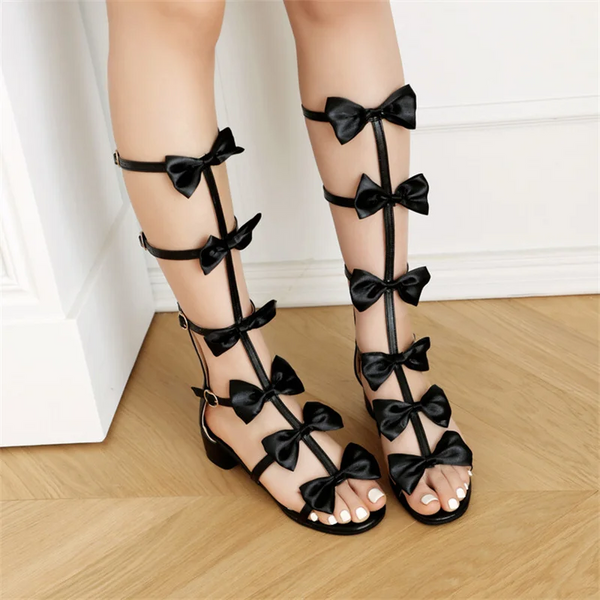 Pxelena 2024 Summer Sweet Women Gladiator Sandals Butterfly Knot Low Hollow Out Girls Party Daily Rome Shoes Pink Black 45 Heels