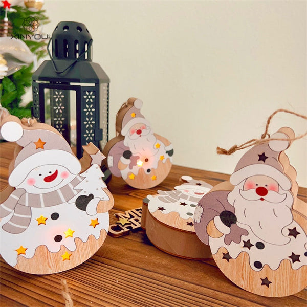 Christmas Nordic Style Decorations Window Display Santa Claus Snowman Glowing Wooden Hanging Ornament 2 Of Them Seasonal Decorations