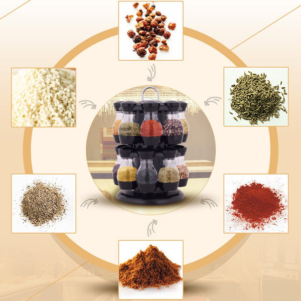 16 Jar Black Rotating Spice Rack Carousel Kitchen Condiments Storage Holder Spice Jars & Racks