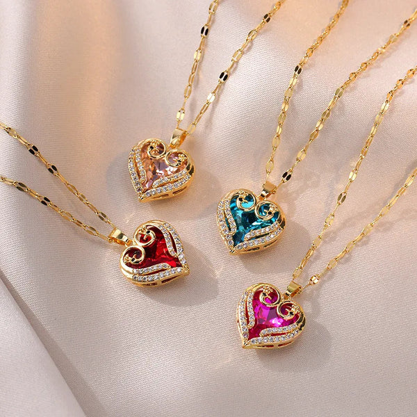 Colorful Zircon Love Heart Pendant Necklaces For Women Girls Stainless Steel Trendy Romantic Jewelry Accessories Gifts Necklaces & Pendants