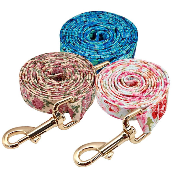 Handmade Personalized Floral Nylon Printed Dog Collar Leash Sets Leads & Head Collars