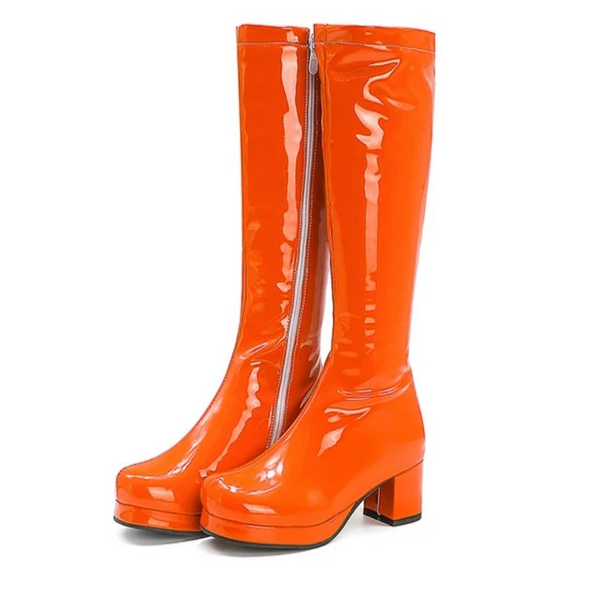 Reave Cat Autumn Candy Sweet Knee High Round Toe Square Heel Pu Zipper Big Size 33 46 Yellow Green Purple Orange S1981 Boots