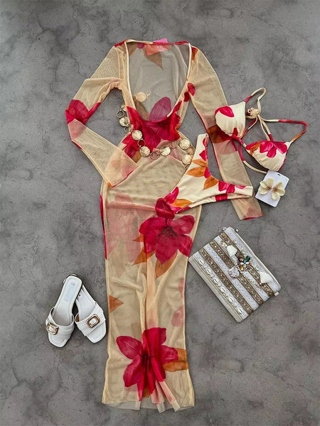 Low Waist Bikini Set And Printed Strap Top Swimwear