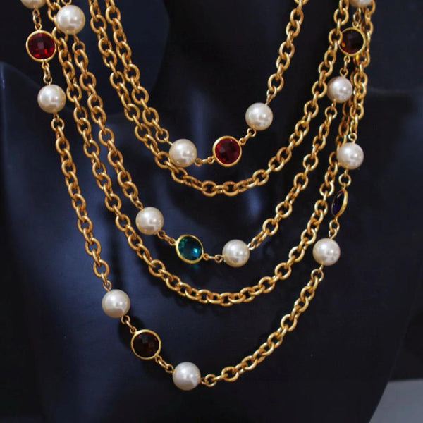 Veile Studios Retro Plain Gold Multi Layer Crystal Glass Pearl Niche Necklace Necklaces & Pendants