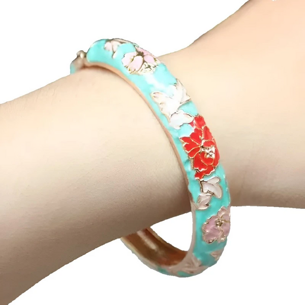 Peony Flower Chinese Filigree Traditional Cloisonne Enamel Ethnic Spring Hinged Cuff Bangles For Women Bracelets