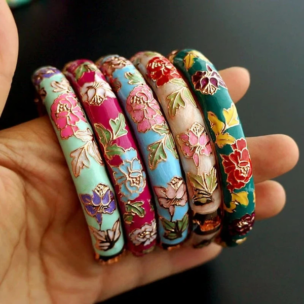 Peony Flower Chinese Filigree Traditional Cloisonne Enamel Ethnic Spring Hinged Cuff Bangles For Women Bracelets