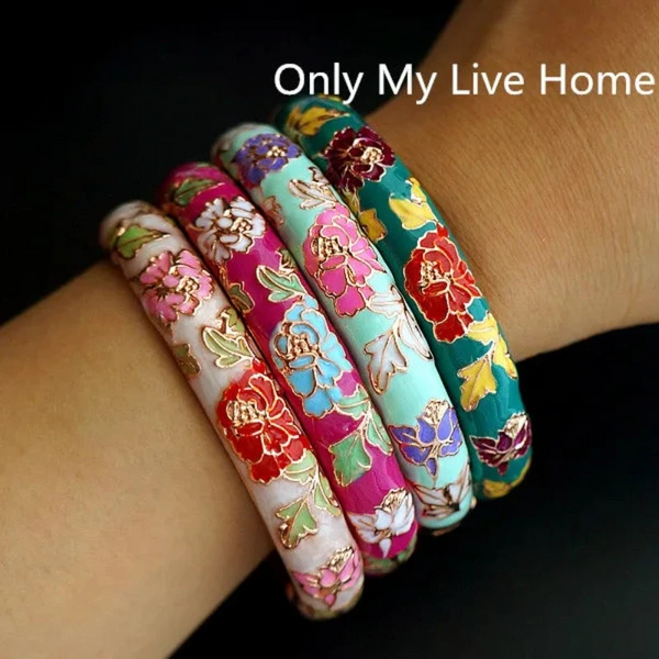 Peony Flower Chinese Filigree Traditional Cloisonne Enamel Ethnic Spring Hinged Cuff Bangles For Women Bracelets
