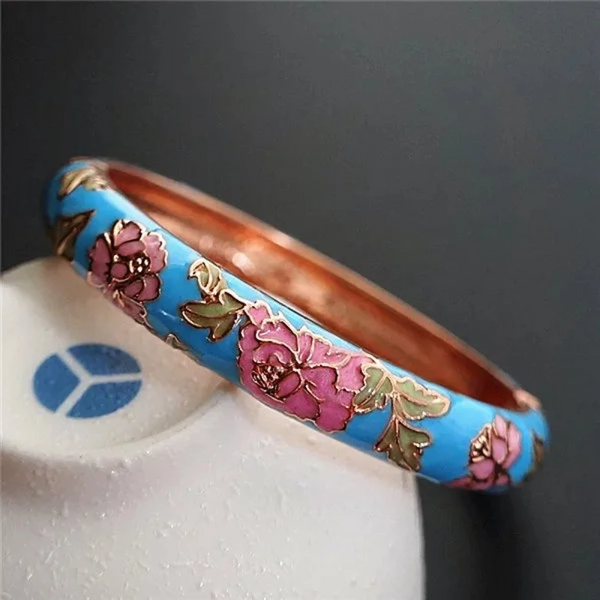 Peony Flower Chinese Filigree Traditional Cloisonne Enamel Ethnic Spring Hinged Cuff Bangles For Women Bracelets