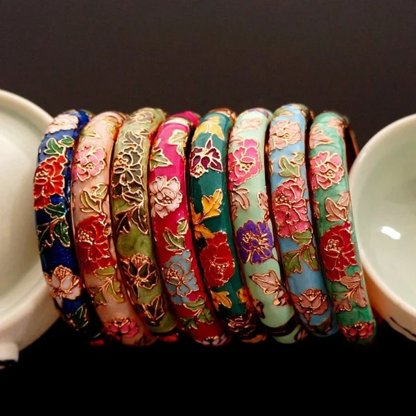 Peony Flower Chinese Filigree Traditional Cloisonne Enamel Ethnic Spring Hinged Cuff Bangles For Women Bracelets