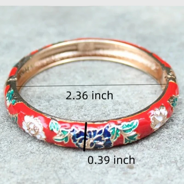 Peony Flower Chinese Filigree Traditional Cloisonne Enamel Ethnic Spring Hinged Cuff Bangles For Women Bracelets