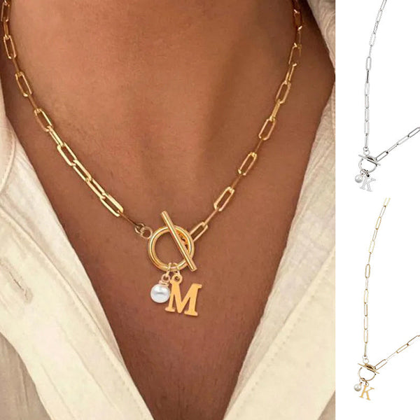 Veile Studios And American 26 English Letter Necklace Stainless Steel Clip Chain Imitation Pearl Pendant For Women Men Necklaces & Pendants