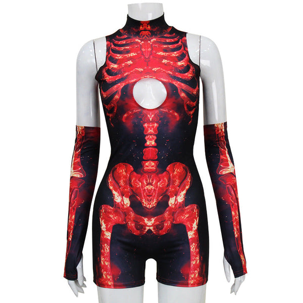 High Neck Sleeveless Skull Print Hollowed Out Sleeves Tight Elastic Jumpsuit Jumpsuits Rompers & Playsuits