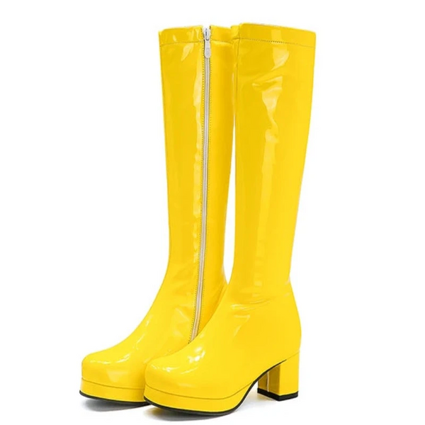 Reave Cat Autumn Candy Sweet Knee High Round Toe Square Heel Pu Zipper Big Size 33 46 Yellow Green Purple Orange S1981 Boots