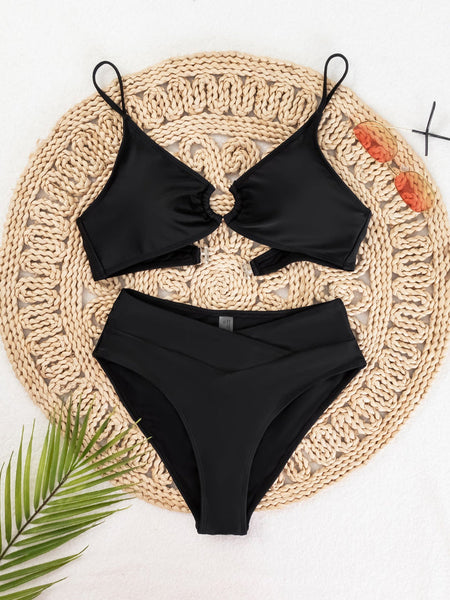 Solid Color Pleated High Waist  Bikini Two Piece Swimsuit Swimwear