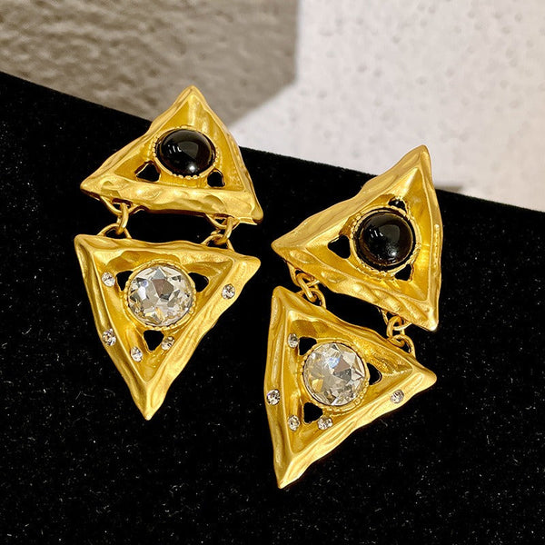 Veile Studios Middle Aged Crystal Hollow Diamond Triangle Embossed Geometric Design Earrings