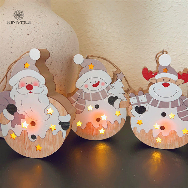 Christmas Nordic Style Decorations Window Display Santa Claus Snowman Glowing Wooden Hanging Ornament 2 Of Them Seasonal Decorations