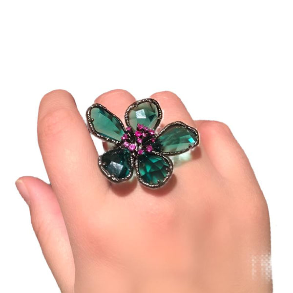 Veile Studios S925 Silver Framed Hot Pink Pistil Turquoise Blue Rhinestone Flower Earrings Ring Brooch Female Fashion Jewellery Jewellery Sets