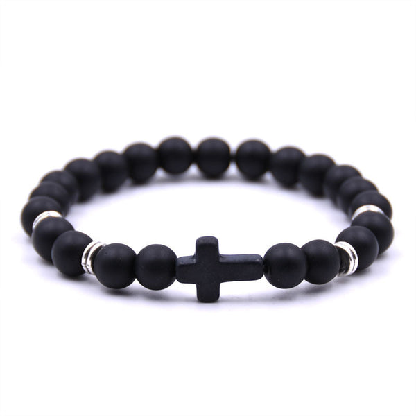 Veile Studios Natural Stone Black Cross Elastic Wire Bracelet For Fashion Jewellery And Accessories Bracelets
