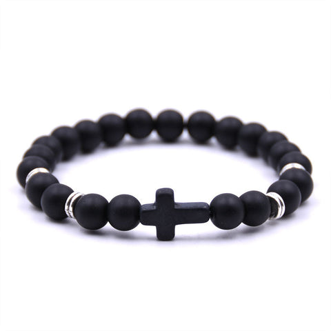Veile Studios Natural Stone Black Cross Elastic Wire Bracelet For Fashion Jewellery And Accessories Bracelets