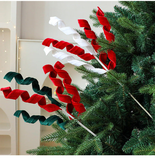 Christmas Decoration With Red And Green Faux Fur Curly Flowers Branches Ornament For Tree Gift Box Seasonal Decorations