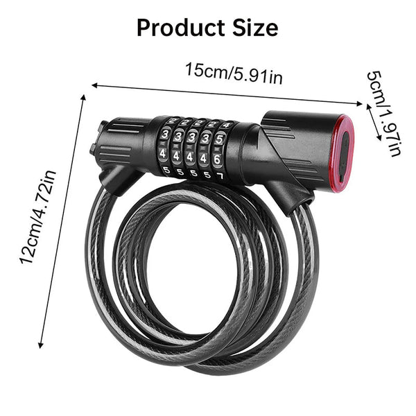 5 Digit Password Bike Lock With Safety Tail Light Anti Theft Steel Cable Chain Lock Bicycle Security Accessory Locks & Security