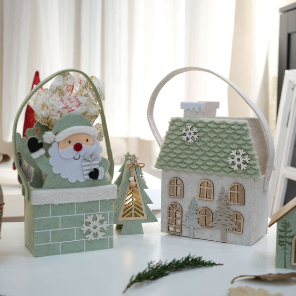 Christmas Jade Green Santa Snow House Felt Mini Apple Handbag Gift Bags