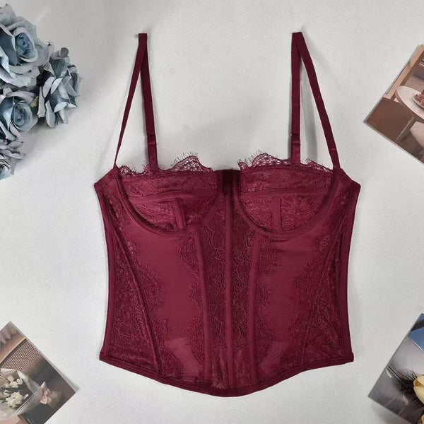 Cross Border Spicy Girl Gathered  Fitted Bra Lace Eyelash Fringe Vest Tube Top Camisole Shapewear