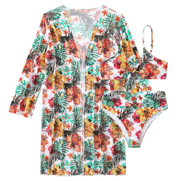 Long Top Split Three Piece Printed  Swimsuit Women's Bikini Swimwear
