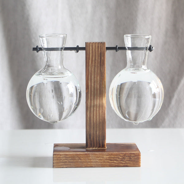 Transparent Bulb Vase With Wood Stand. For Hydroponics. Great Coffee Shops & Room Decor. Vases