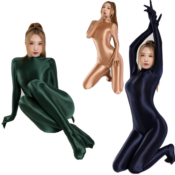 Shiny Glossy Satin  Women's Long Sleeve Finger Gloves Zipper Back Full Length One Piece Bodysuit Silky Tights Zentai Catsuit Gloves & Mittens