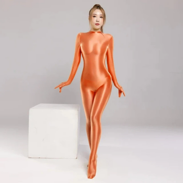 Shiny Glossy Satin  Women's Long Sleeve Finger Gloves Zipper Back Full Length One Piece Bodysuit Silky Tights Zentai Catsuit Gloves & Mittens