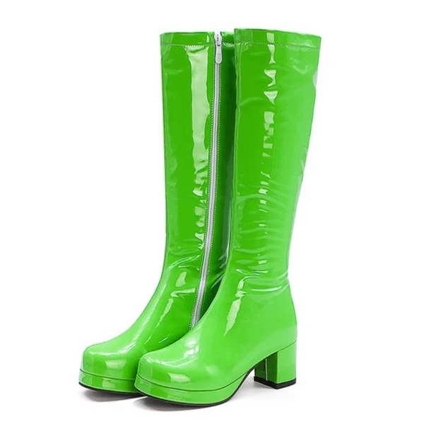 Reave Cat Autumn Candy Sweet Knee High Round Toe Square Heel Pu Zipper Big Size 33 46 Yellow Green Purple Orange S1981 Boots