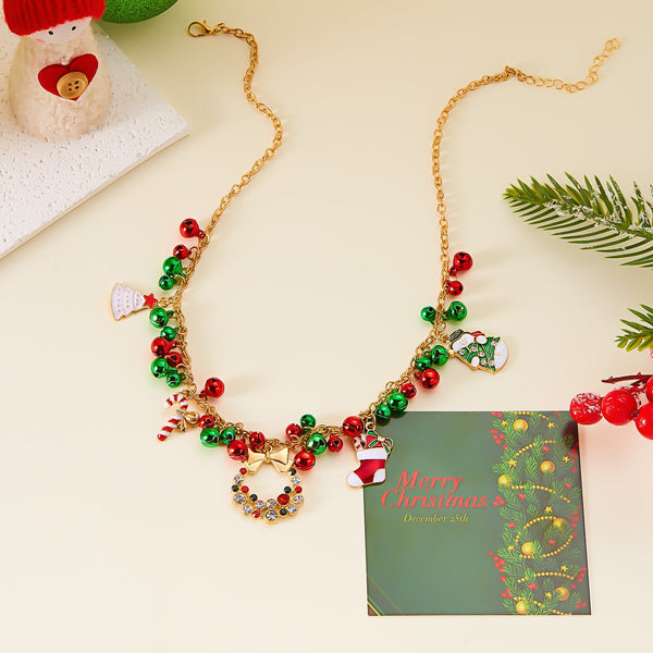 Christmas Themed Necklace For Women Santa Claus Wreath Rhinestone Pendant Bell And Tree Sweater Chain Necklaces & Pendants