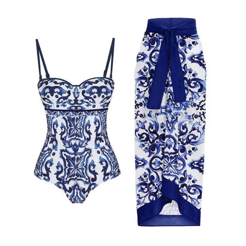 Blue And White Porcelain Print Retro Beach Vacation Hot Spring Swimsuit Swimwear